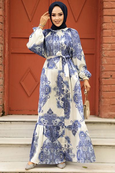 Neva Style Indigo Blue Patterned Hijab Dress - 23157Im