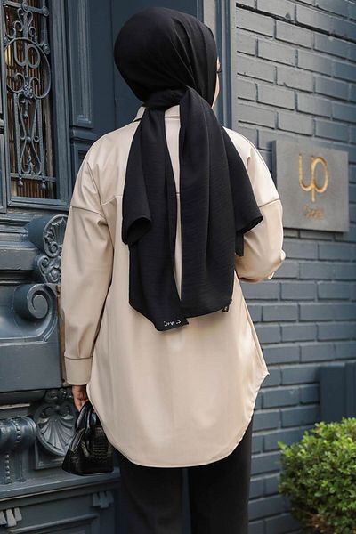 Neva Style Beige Leather Hijab Shirt - Buttoned, Model 50931Beige