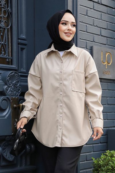 Neva Style Cămașă Hijab din piele bej - Nasturi, Model 50931BEJ
