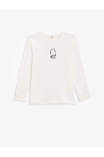 Koton Cat Printed Long Sleeve Cotton T-Shirt