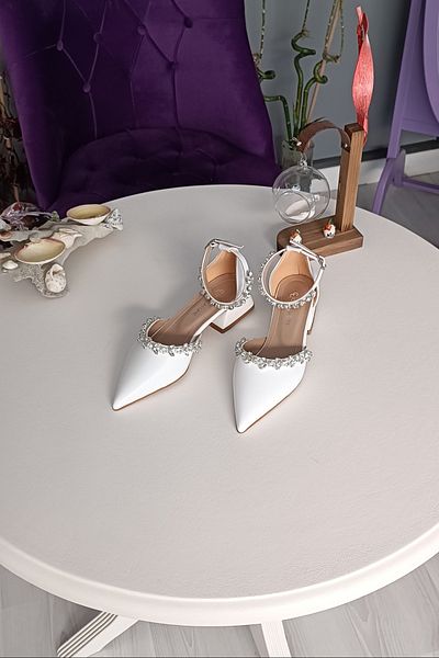 LA CALZATURE Piele Albă 2,5 Cm Toc Gleznă Curea Dublu Waterway Stone Pantofi Rochie De Mireasă Balerini De Damă