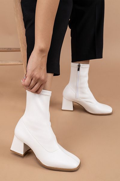 Getcho Fulsa Women's White Heeled Boots Thick Heeled Short Zipper Suitable for Daily Combinations Modern Model