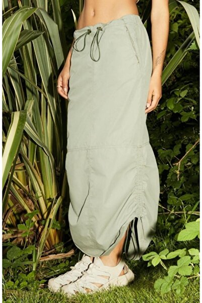 september island Long Khaki Maxi Skirt - Parachute Fabric, Cargo Design