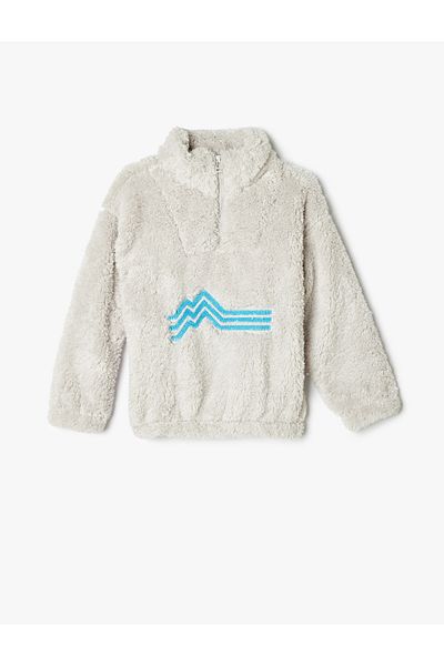 Koton Stand Collar and Embroidered Plush Sweat - Half Zipper
