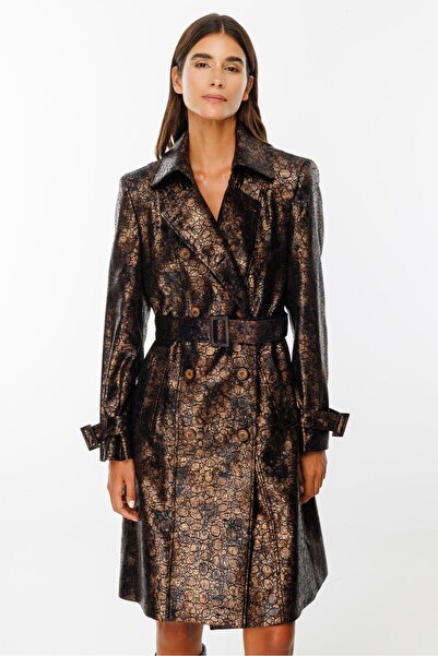 Moda İlgi Modailgi  Kruvaze Kapamalı Varaklı Deri Trenç Gold/Siyah