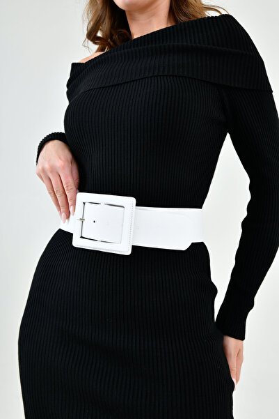 WOMAN VISION Curea neagră din piele artificială albă cu bandă lată și design cu cataramă 15525