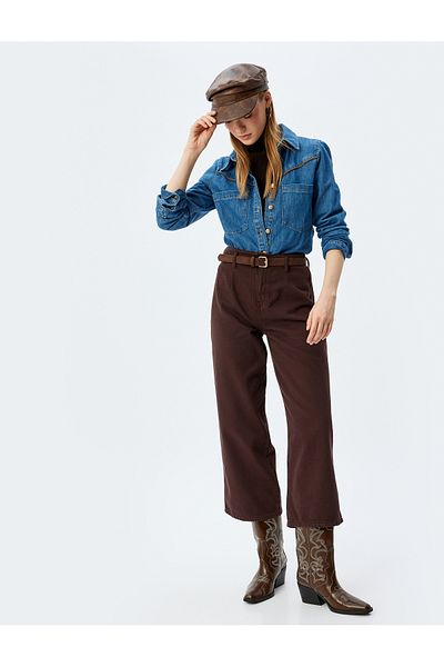 Koton Wide Short Leg Trousers High Waist Buttoned - Wide Leg Jeans