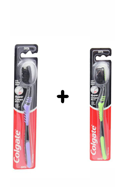 Premium 2 Pieces Colgate Super Clean Black Medium Toothbrush Green + Purple