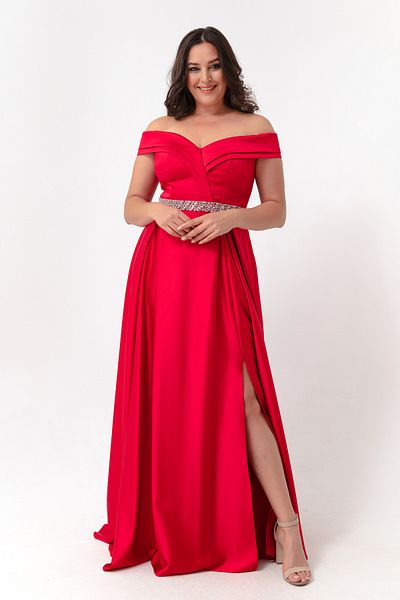 Lafaba Women's Red Boat Neck Stone Belted Plus Size Evening Dress