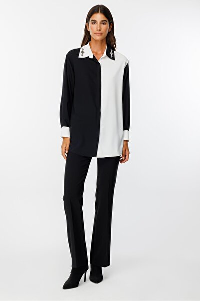 Moda İlgi Modailgi  Siyah/Ekru Kombinli Yakası Taş İşlemeli Gömlek Siyah/Ekru