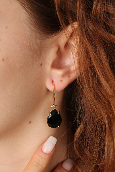 Feyz Tasarım Damla Kesim Siyah Zirkon Taşlı Altın Kaplama Sallantılı Küpe