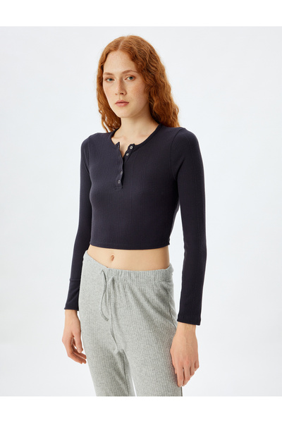 Koton Long Sleeve Round Neck Button Knitted Crop Sleepwear Top