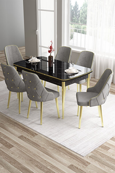 Canisa Tia Serisi 80x132 Açılabilir Mdf Siyah Mermer Desen Mutfak Masası Ve 6...