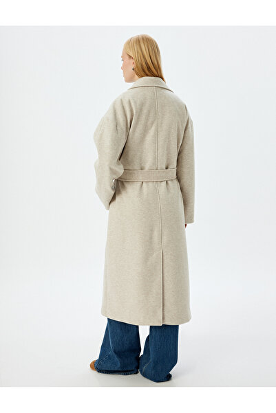 Koton Dvouřadý extra dlouhý kabát na známku s kapsami a páskem