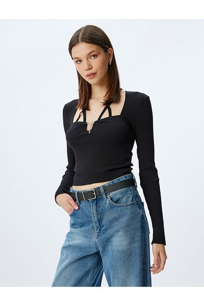 Koton Tricou cu mânecă lungă, detaliat pentru fereastră, cu nervuri, cu accesoriu cu fundă
