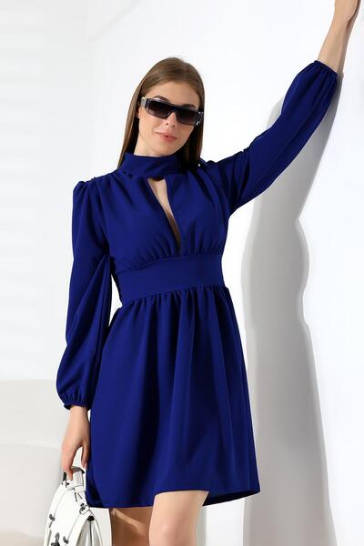 Deafox Φόρεμα Saks Μπλε μακρυμάνικο στήθος με φερμουάρ από κρεπ ύφασμα