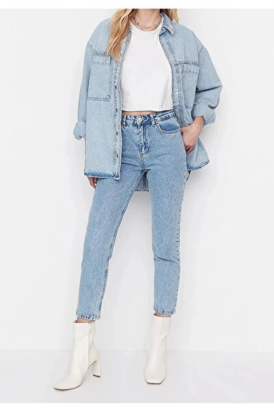 WODDİ Jnswrld Ice Blue Snow Wash Mom Jeans Lycra Ψηλόμεσο τζιν παντελόνι εξαι...