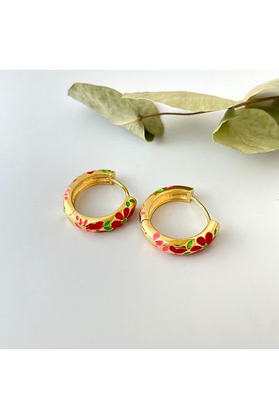 nerora Gold Colored Red Flower Patterned Anti-Tarnish Steel Hoop Earrings