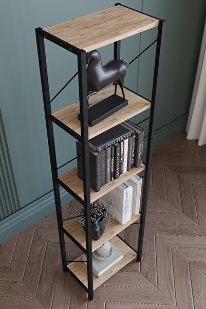 Remaks 5 Raflı Metal Dar Kitaplık Dekoratif Kitaplık Meşe