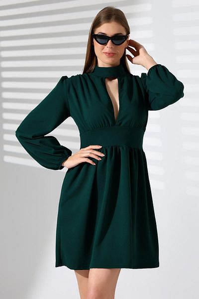 Deafox Rochie din țesătură creponată cu fermoar, cu mânecă lungă, verde smarald