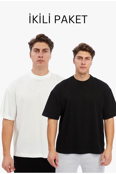 SİETE Oversize Double Pack - Plain Basic T-Shirt Set of 2, Thick Single Jersey 100% Cotton, Unprinted