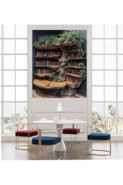 Şehzat Design Ağaç Kütüphane Dekoratif Duvar Kanvas Tablo Tablosu oda salon c...