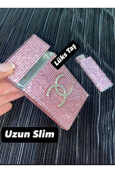 Lüks Taş Taşli Sigara Kutusu Ve Çakmak Pembe (UZUN SLİM SİGARALAR İÇİN)