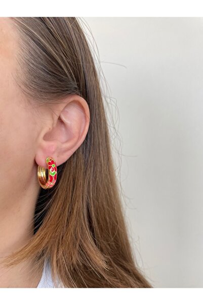 nerora Renkli Kırmızı Çiçek Desenli Gold Kararmaz Çelik Halka Küpe