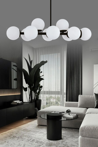 ŞL Şef Light Luxury Modern Tasarım Siyah 10'lü Beyaz Glop Camlı Avize