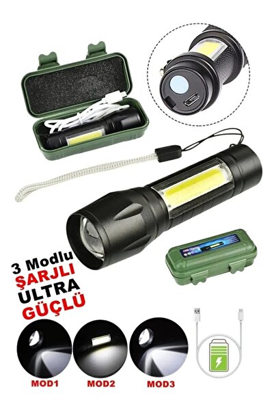 Derwell Usb Şarj Edilebilir Led Lamba El Feneri Küçük Taşınabilir Uzun Menzilli Yakınlaştırma Kamp Lambası