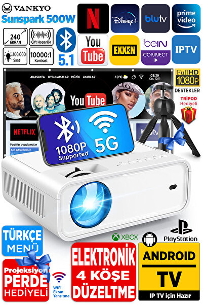 Vankyo Sunspark 500w Android Tv 1080p Destekli Projeksiyon Cihazı 5g Wi-fi 5.1 Bluetooth 240 Inç Yansıtma
