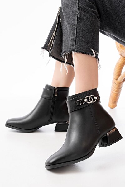 Aymood Rm-502 Black Heeled Zippered Daily Women's Boots with Buckle Accessories