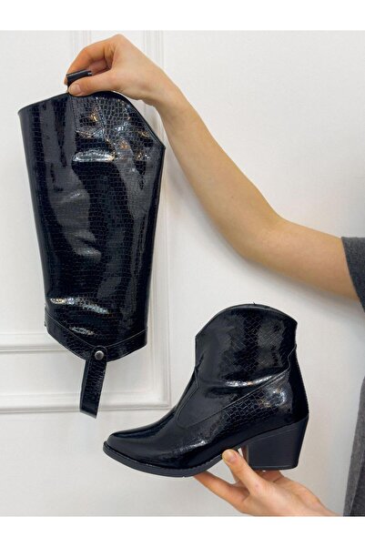 ERVANIN BUTİĞİ Siyah Kroko (Ursula) İki Parçalı Tak Çıkar Kadın Çizme ve Boti