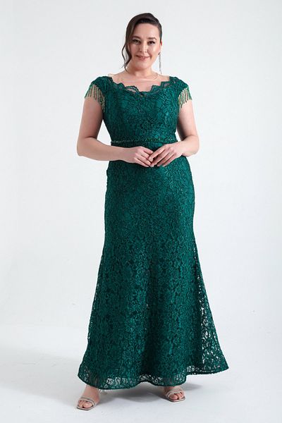 Lafaba Emerald Green Lace - Beaded Sleeves Plus Size Evening Dress