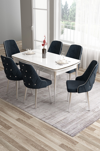 Canisa Tia Serisi 80x132 Açılabilir Mdf Yemek Odası Takımı Krom Detay Beyaz M...