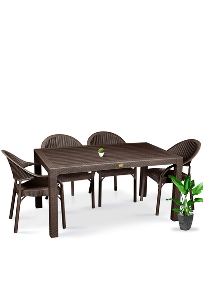 bahex Bambu Pro 4'lü 90x150cm Rattan Bahçe Balkon Masa Takımı 4 Kişilik Camsız Set Kahve