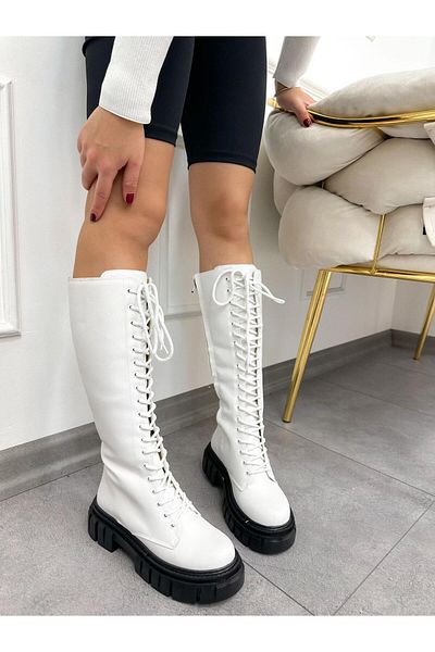 ERVANIN BUTİĞİ White Skin (carter) Women's Lace-up Boots