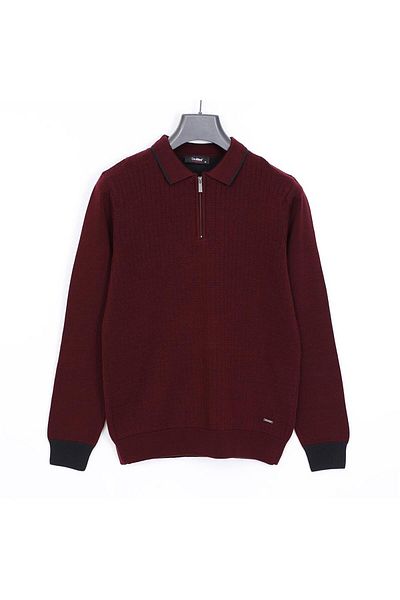 Dio Rise Men's Zippered Polo Neck Long Sleeve Knitwear - 180972   - Dark Burgundy