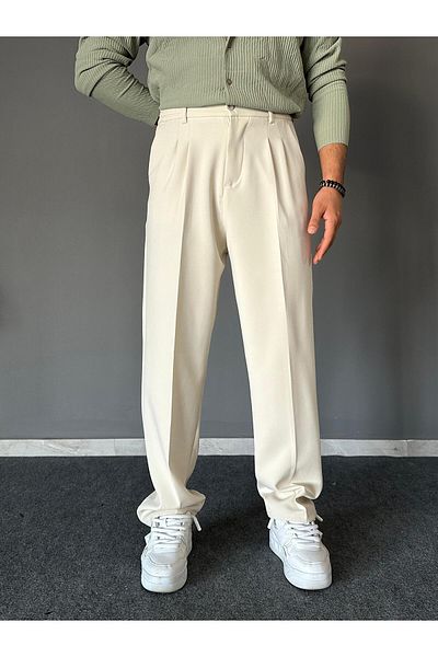 THEMANN Pleated Ecru Baggy Fit Trousers with Elastic Waist