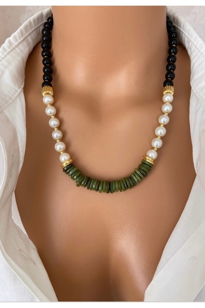 TARZ-I TAKI تصميم الحجر الطبيعي بثلاثة أحجار تصميم قلادة نسائية هدية خاصة للأ...