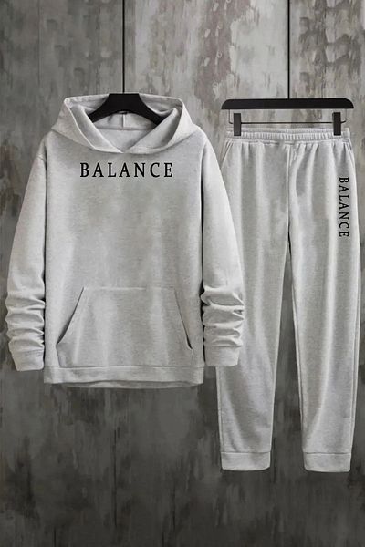 Pink Sky Plus Size Unisex Oversize Gray Tracksuit Bottom Set - Balance Front Printed