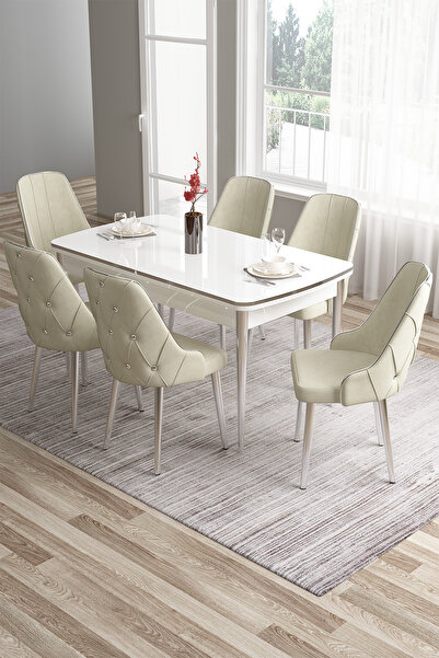 Canisa Tia Serisi 80x132 Açılabilir Mdf Yemek Odası Takımı Krom Detay Beyaz M...