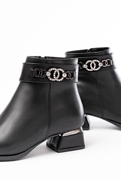 Aymood Rm-502 Black Heeled Zippered Daily Women's Boots with Buckle Accessories