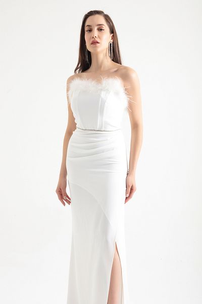 Lafaba Women's White Openwork Underwire Corset Slit Long Evening Dress