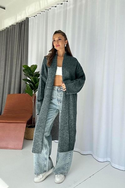 Mine Tan Butik Shawl Collar Long Knitwear Cardigan - Anthracite