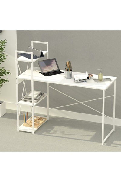 Mahmayi Modern ZCD-27W White Computer Workstation Table with 4 Tier Storage Shelves for Home, Office