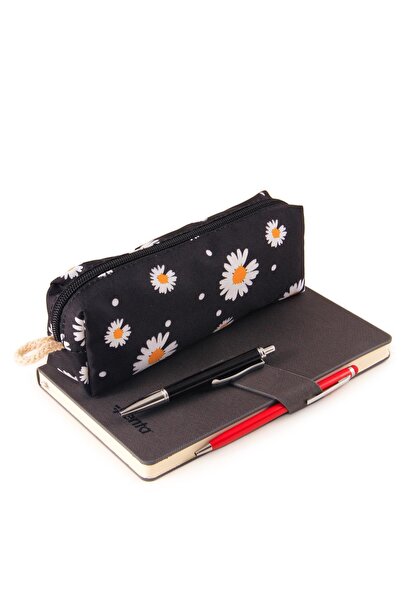BYBAG Черен калъф за моливи с цип и шарка на маргаритки