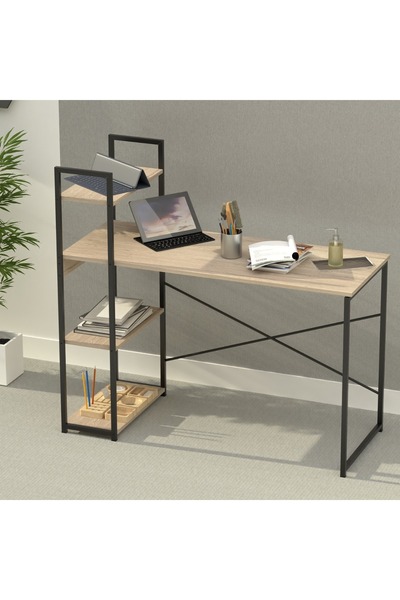 Mahmayi Stylish ZCD-27B Black and Griege Computer Workstation Table with 4 Tier Storage Shelves
