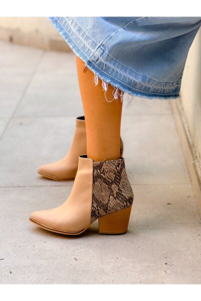irmona DALİDA ÖN BEJ  DERİ ARKA BEJ YILAN DERİSİ DALLAS WESTERN MİNİ BOT