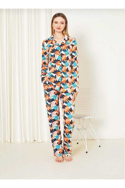 Tarık Leaf Patterned Front Buttoned Viscose Combed Cotton Pajama Set